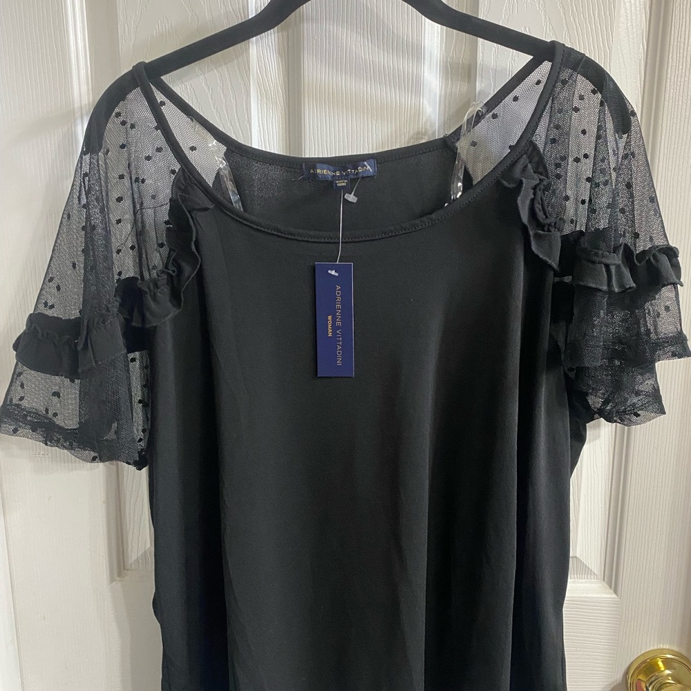 Adrienne Vittadini Black Sheer Dot Ruffle Sleeve Blouse